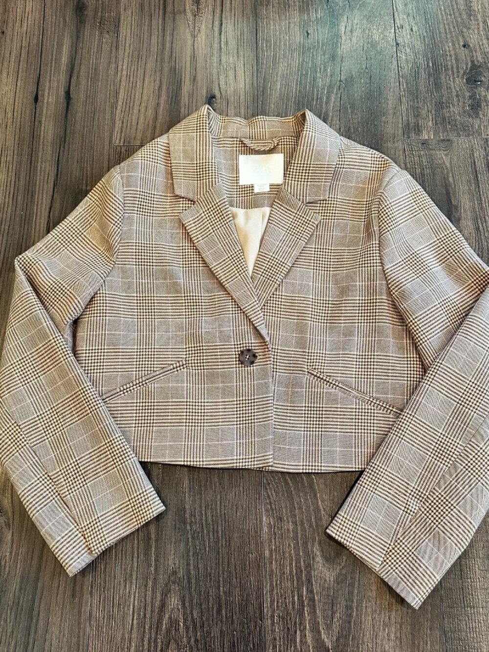 GUC ZARA Kids Girl's Plaid cropped blazer jacket, Tan Brown Pink, Size: 12-13